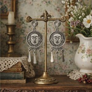 Vintage Mexican Medallion God, Stamped Sterling Silver 925 Earrings